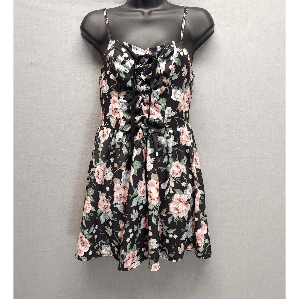 Dark Floral Lace Up Mini Dress S Coquette Cottagecore Soft Girl Y2K Inspired